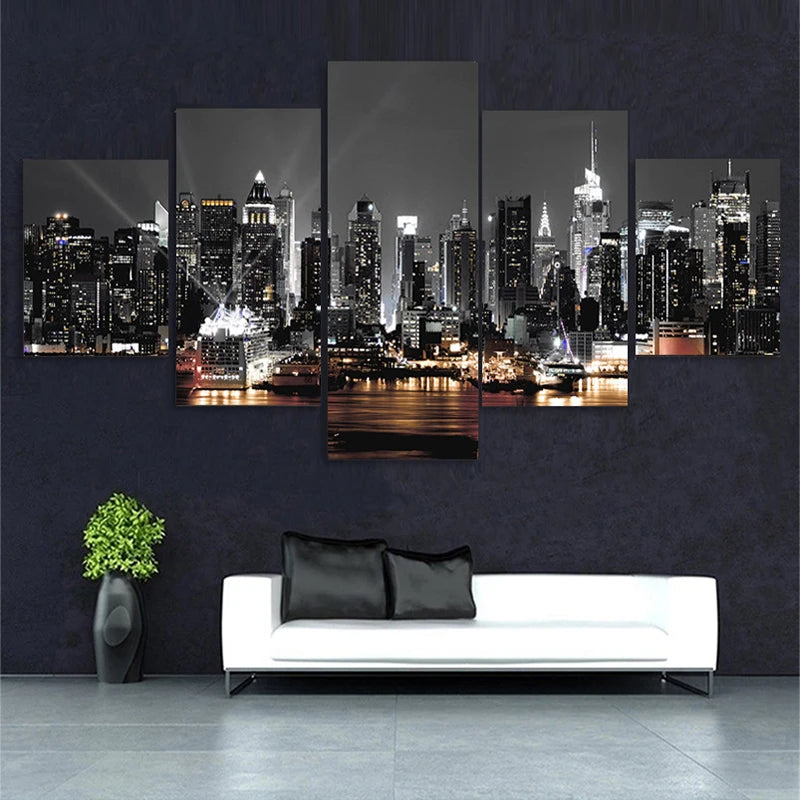 5pcs Canvas Painting Wall Art New York City Construction Scenery Pictures Prints Night View Landscape Poster Home Decor Unframed
