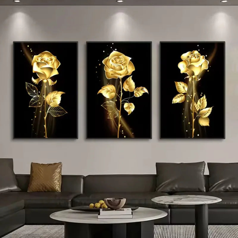 3pcs Black and Gold Rose Flowers Canvas Paintings Nordic Modern Wall Art Decorative Posters Living Room Pictures Prints Decor