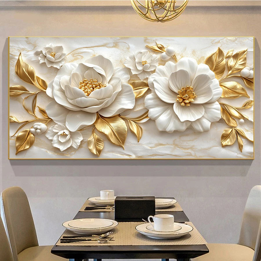 Modern White Flower Tree Deco Painting Landscape Golden Tree Wall arts Floral Canvas Posters for Living Room Wall Deco, No Frame