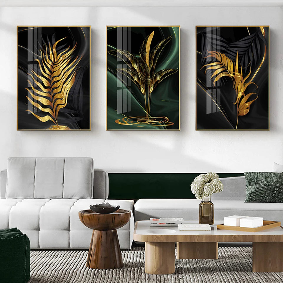 Modern Abstract Gold Green Black Leaf 3 Pieces Canvas Painting Living Room Home Bathroom Wall Art Set Plant Poster Picture Decor