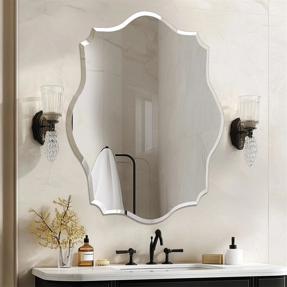 Frameless Wall Mirror Scallop Oval Mirror Accent Decor Mirror Vanity Mirror w Beveled Edge 28x20 inch/32x24inch for Bathroom
