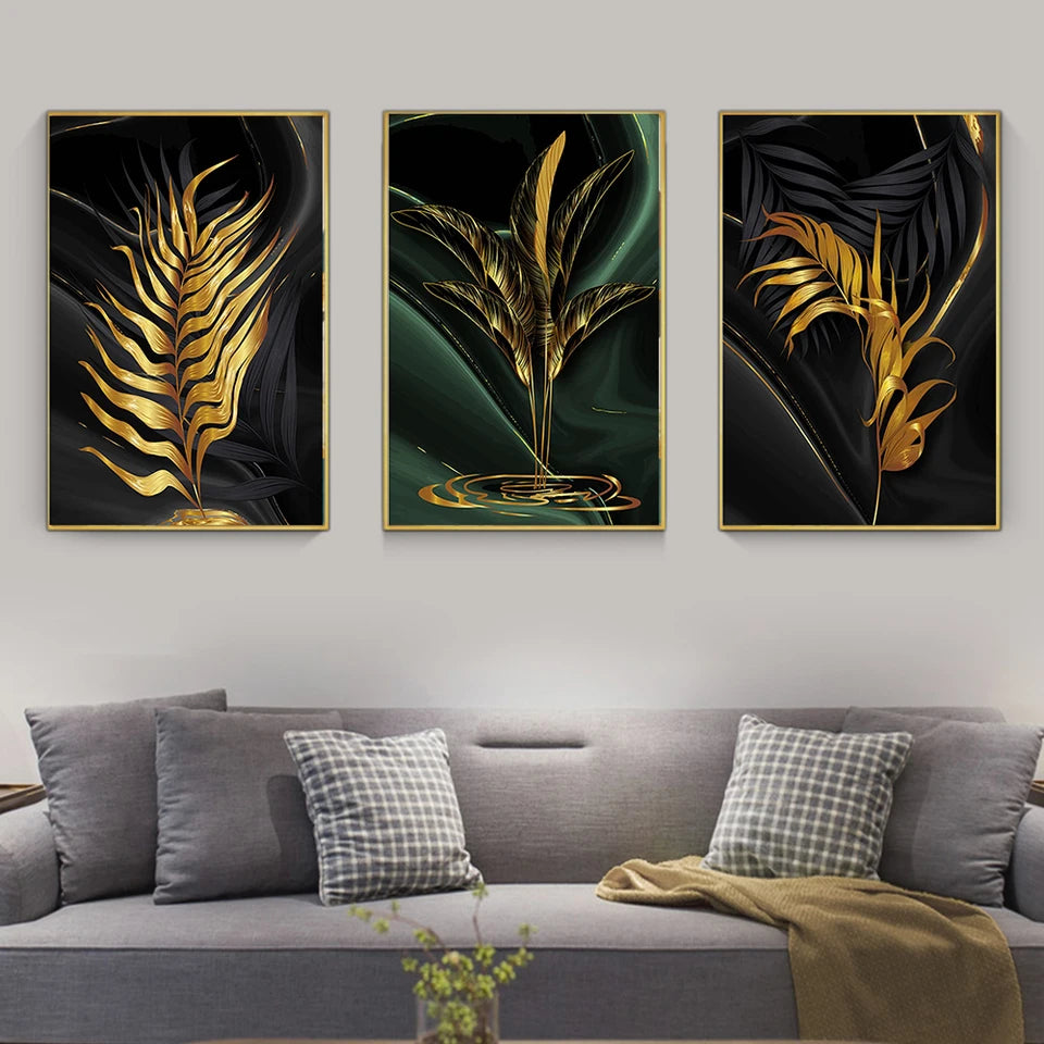 Modern Abstract Gold Green Black Leaf 3 Pieces Canvas Painting Living Room Home Bathroom Wall Art Set Plant Poster Picture Decor