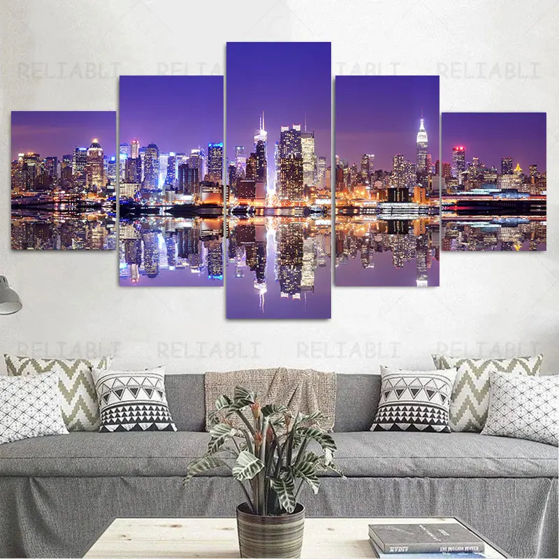 5pcs Canvas Painting Wall Art New York City Construction Scenery Pictures Prints Night View Landscape Poster Home Decor Unframed