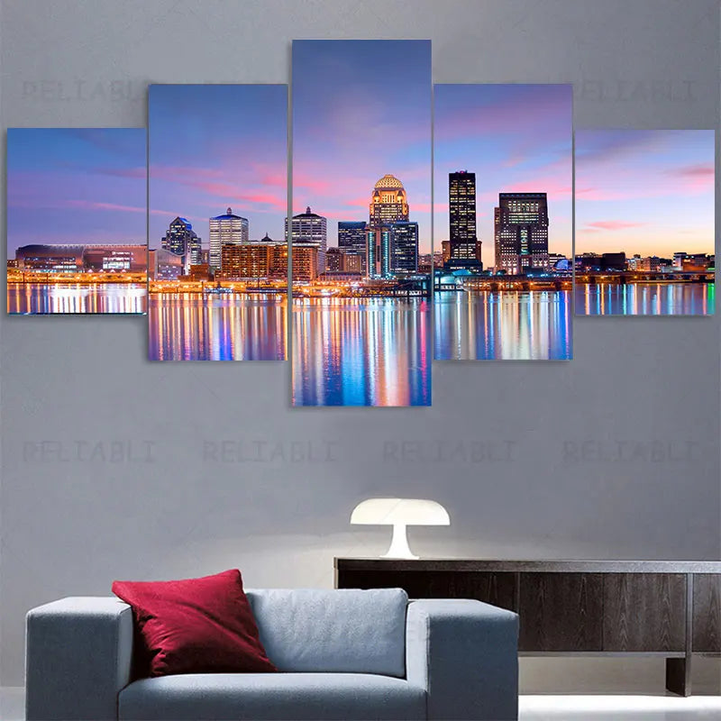 5pcs Canvas Painting Wall Art New York City Construction Scenery Pictures Prints Night View Landscape Poster Home Decor Unframed