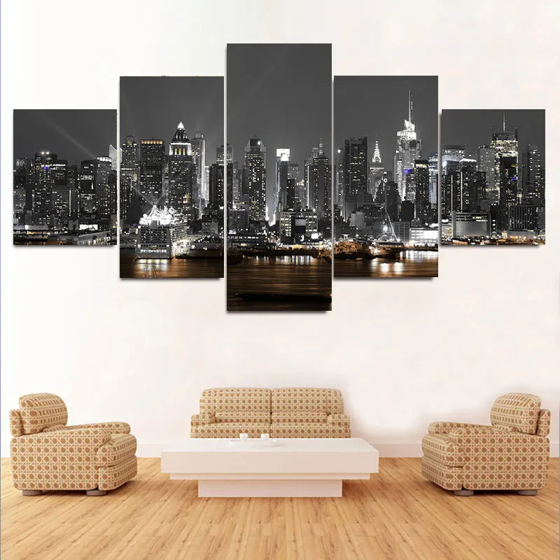 5pcs Canvas Painting Wall Art New York City Construction Scenery Pictures Prints Night View Landscape Poster Home Decor Unframed
