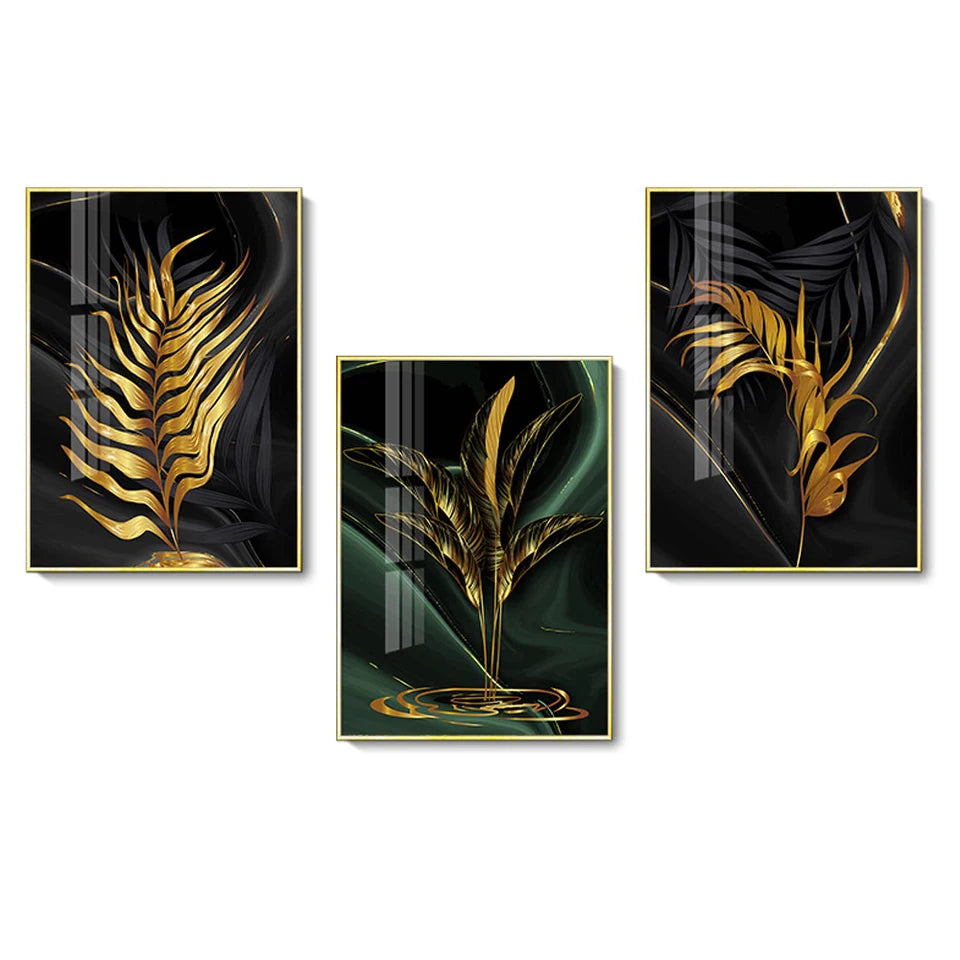 Modern Abstract Gold Green Black Leaf 3 Pieces Canvas Painting Living Room Home Bathroom Wall Art Set Plant Poster Picture Decor