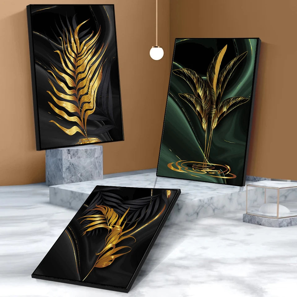 Modern Abstract Gold Green Black Leaf 3 Pieces Canvas Painting Living Room Home Bathroom Wall Art Set Plant Poster Picture Decor