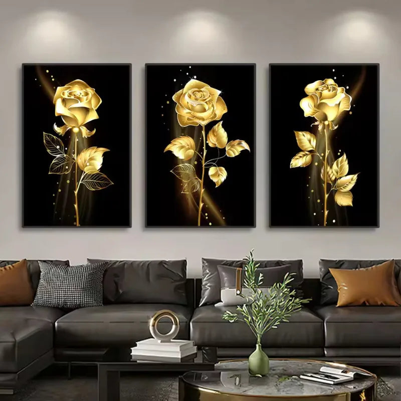 3pcs Black and Gold Rose Flowers Canvas Paintings Nordic Modern Wall Art Decorative Posters Living Room Pictures Prints Decor