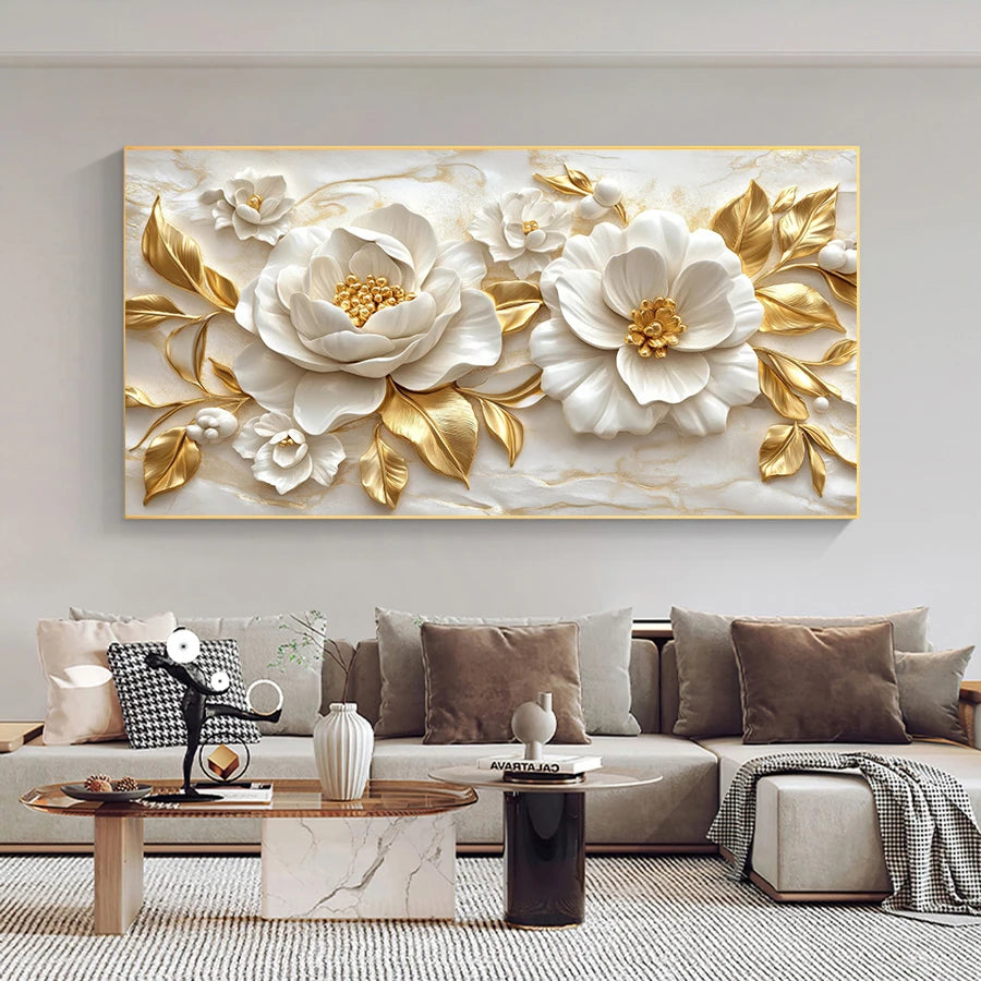 Modern White Flower Tree Deco Painting Landscape Golden Tree Wall arts Floral Canvas Posters for Living Room Wall Deco, No Frame
