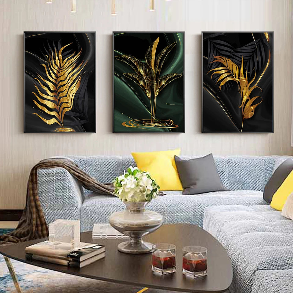 Modern Abstract Gold Green Black Leaf 3 Pieces Canvas Painting Living Room Home Bathroom Wall Art Set Plant Poster Picture Decor