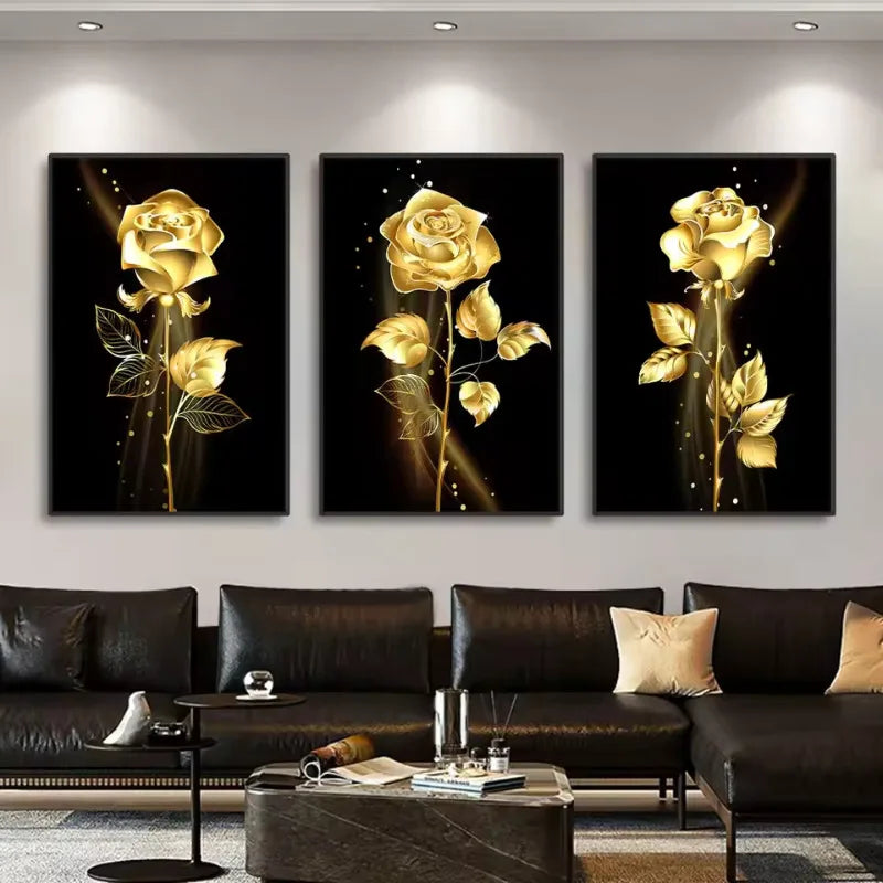 3pcs Black and Gold Rose Flowers Canvas Paintings Nordic Modern Wall Art Decorative Posters Living Room Pictures Prints Decor