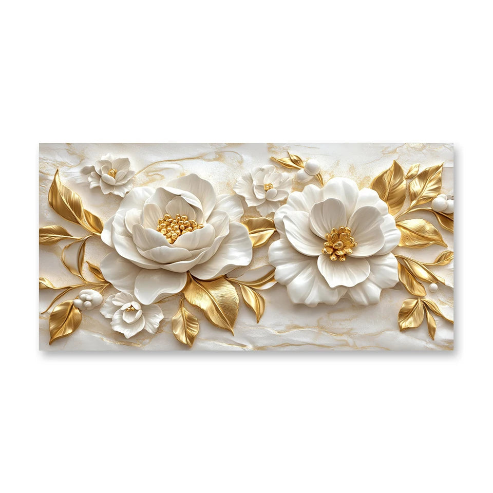 Modern White Flower Tree Deco Painting Landscape Golden Tree Wall arts Floral Canvas Posters for Living Room Wall Deco, No Frame