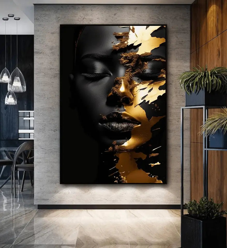 Modern African Women Golden Canvas Art Poster Printing, Canvas Wall Art, For Living Room And Bedroom Home Decoration