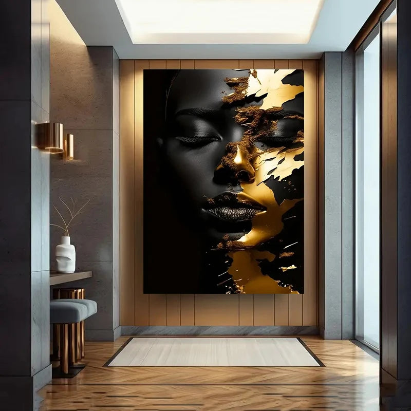Modern African Women Golden Canvas Art Poster Printing, Canvas Wall Art, For Living Room And Bedroom Home Decoration