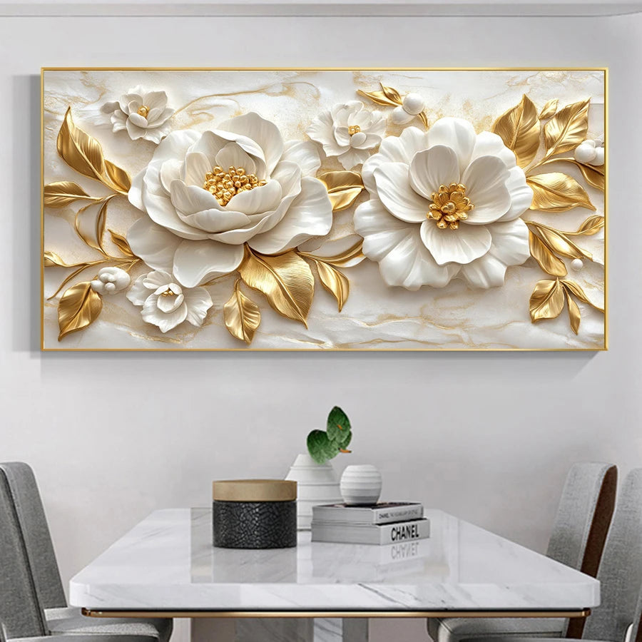 Modern White Flower Tree Deco Painting Landscape Golden Tree Wall arts Floral Canvas Posters for Living Room Wall Deco, No Frame