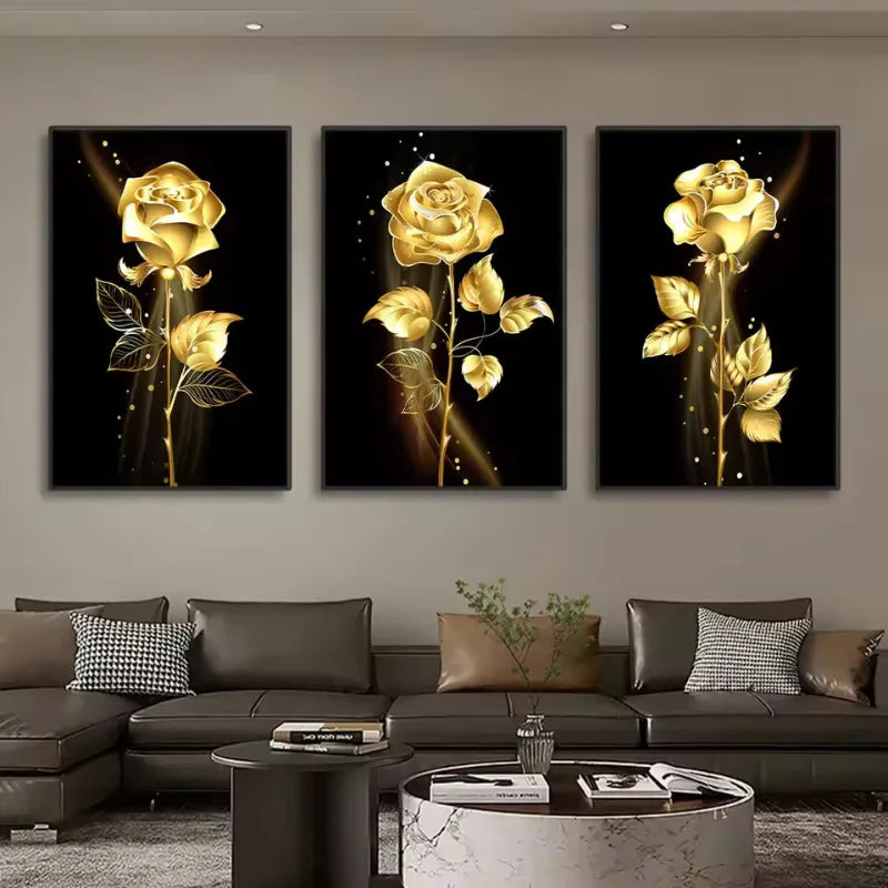 3pcs Black and Gold Rose Flowers Canvas Paintings Nordic Modern Wall Art Decorative Posters Living Room Pictures Prints Decor