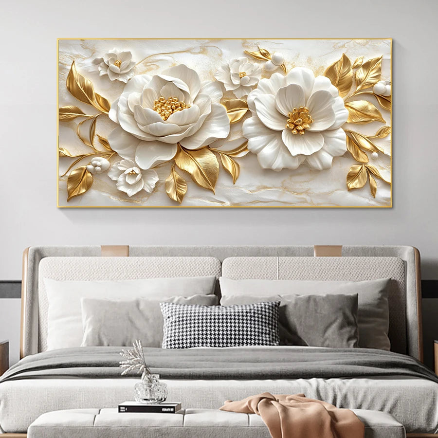Modern White Flower Tree Deco Painting Landscape Golden Tree Wall arts Floral Canvas Posters for Living Room Wall Deco, No Frame
